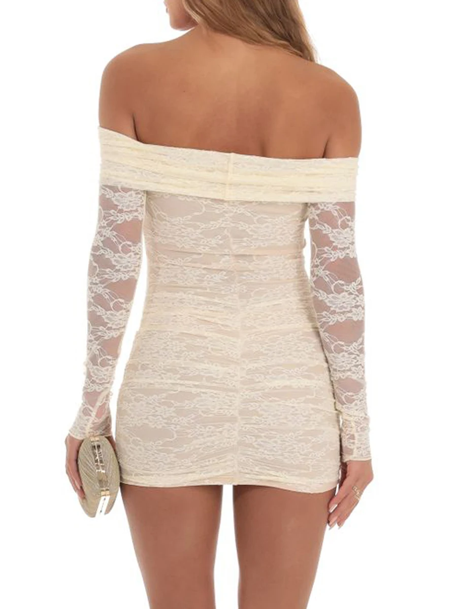 

Sexy Mini Dress For Women Off Shoulder Lace Dress Fashion Long Sleeve Ruched Bodycon Mini Dress For Cocktail Party