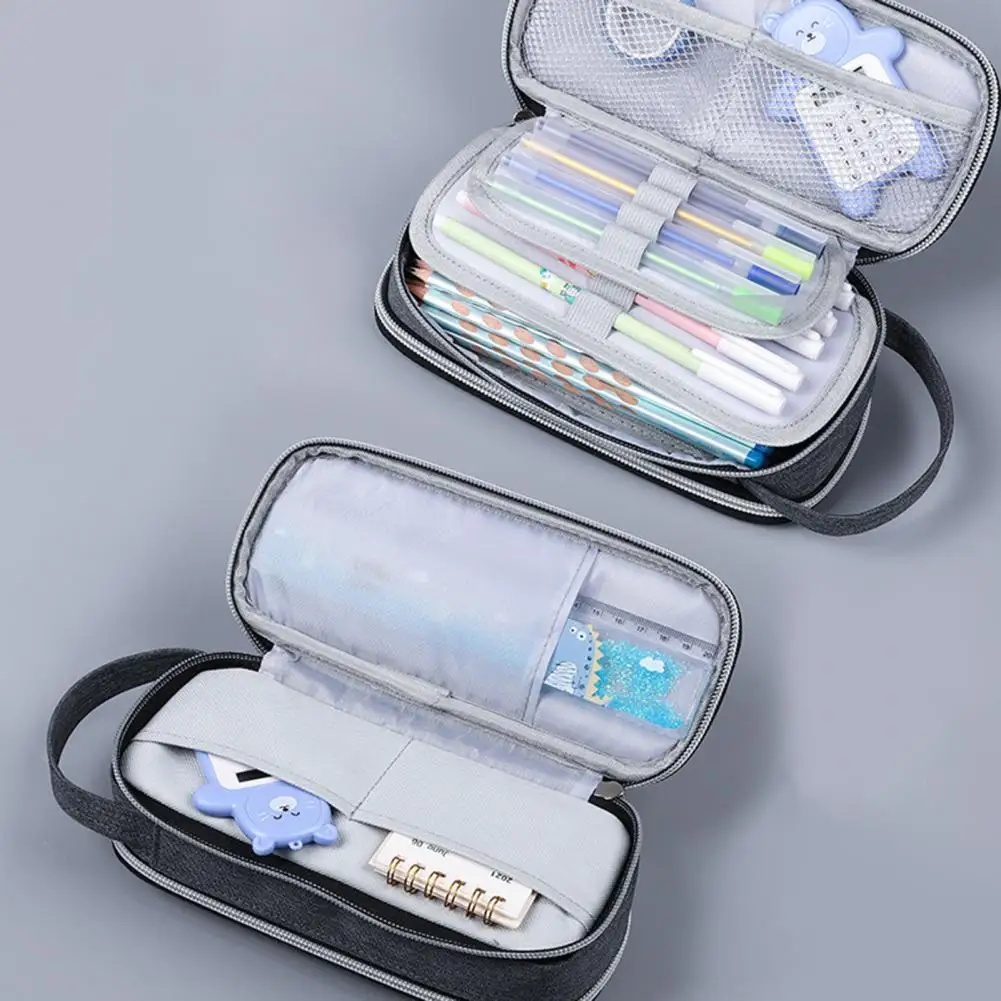 

Zipper Closure Pencil Case with Inner Net Bag Canvas Color Matching Large Capacity Canvas Stationery Box School Supplies