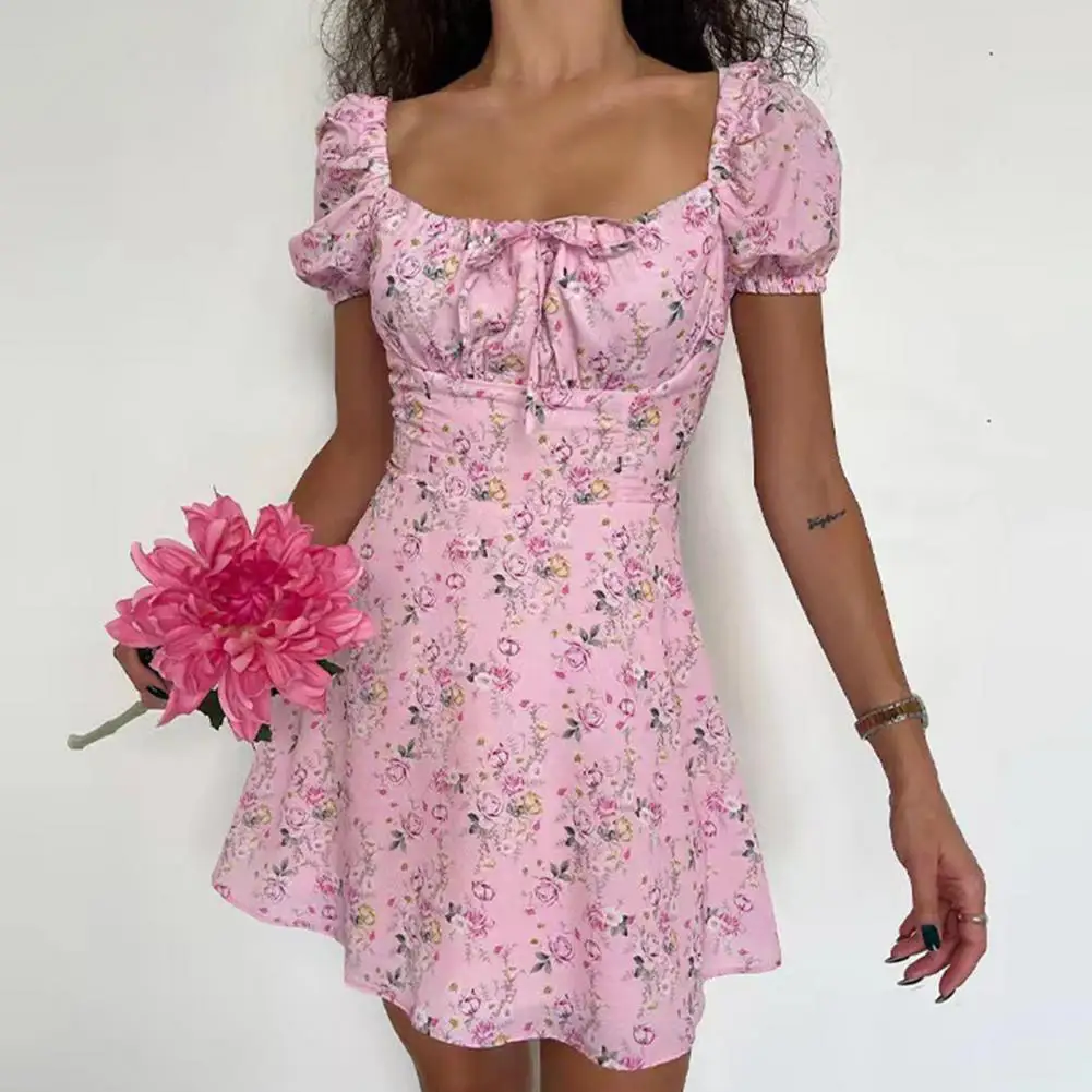

Refreshing Bubble Sleeves Backless Short Sleeves Mini Dress Female Clothing