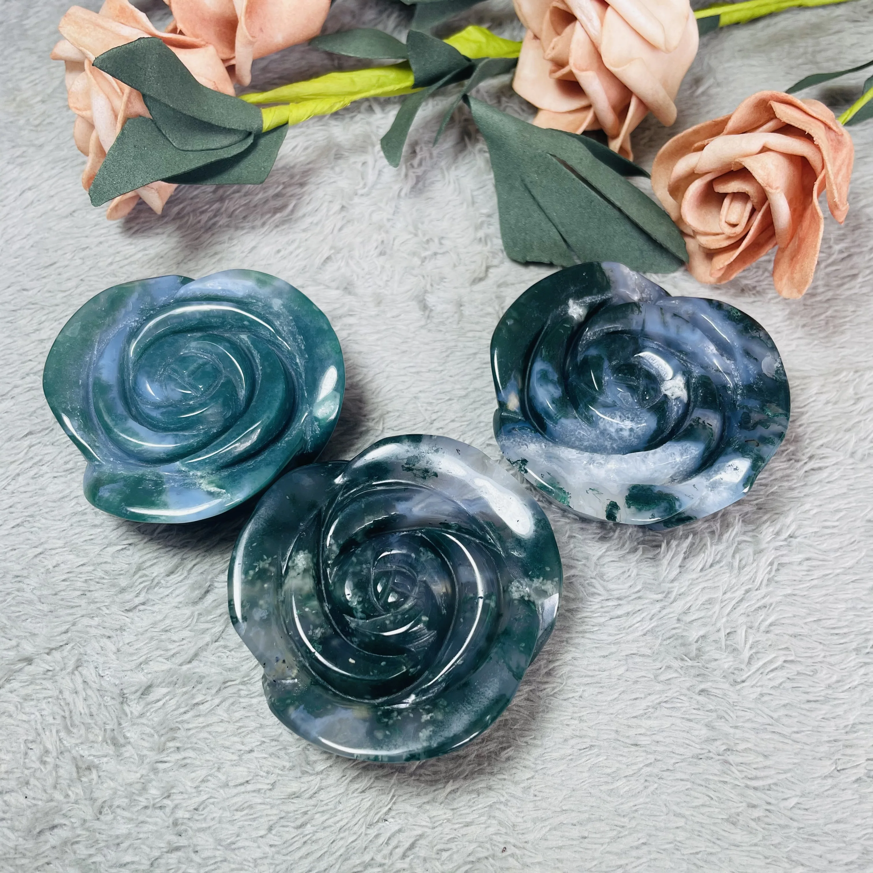 

1PCS Natural Moss Agate Flower Quartz Crystal Healing Stone Carving Reiki Crafts Gemstone