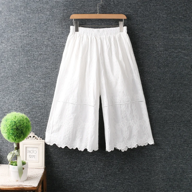 

Летние однотонные женские брюки с вышивкой, укороченные широкие брюки Ar052802