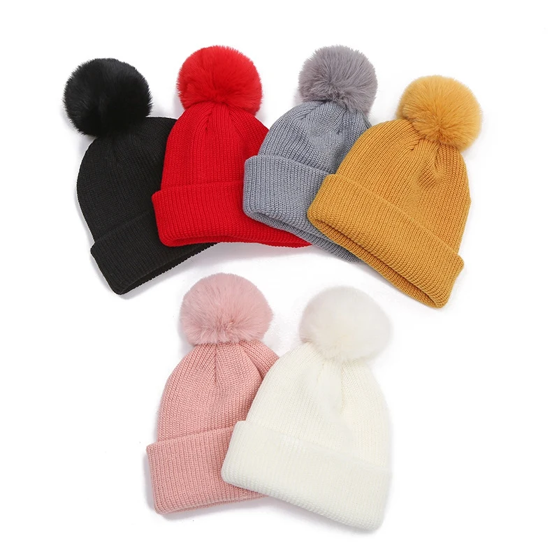 

Child Korean Version Crimping Keep Warm Pompom Hat Beanie Hairball Boy Girl Autumn Winter Solid Color Ski Cap Knitted Hat