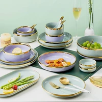 luxury wedding gold plate set bowl party purple ceramic dessert dinner plate restaurant pratos de jantar kitchen serving tray