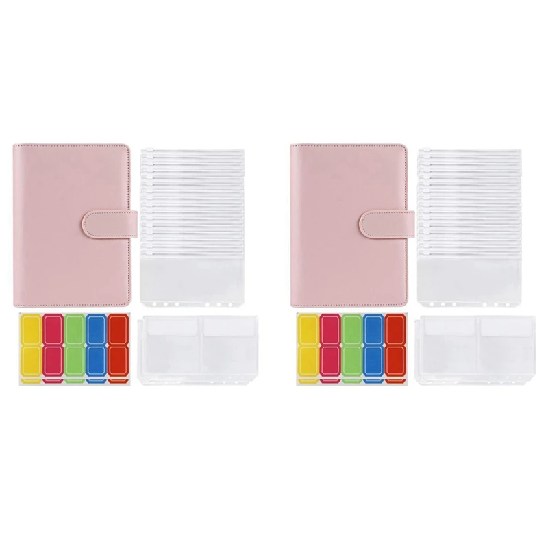 

2 Set Binder Pockets A6 With Leather Binder Cover, 6-Ring Budget Binder With Cash Envelopes, Money Saving Binder (Pink)