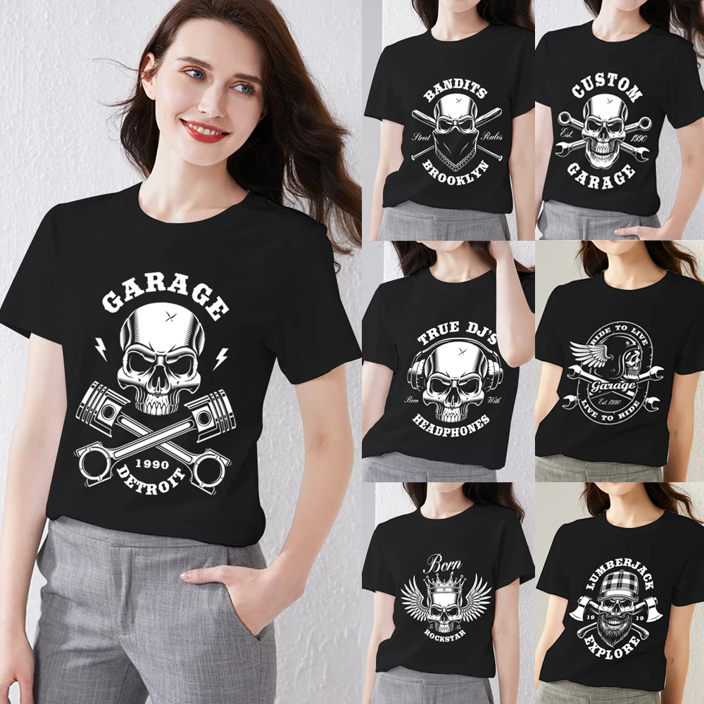 

Black Women's T-shirts All-match Street Style Skull Pattern Short Sleeve Drop Shipping Tops Female Clothes Oversized t shirt