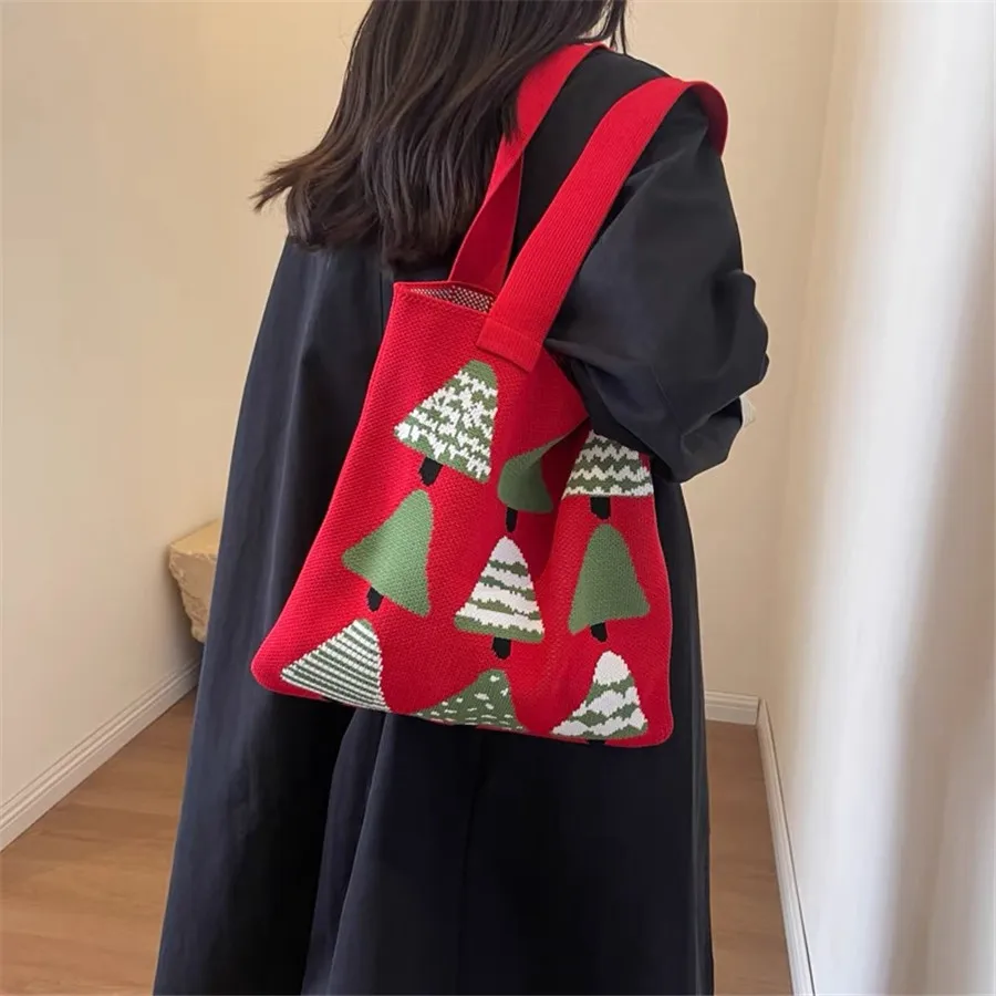 Вязаная сумка большой емкости женская модная на плечо рождественская сосна