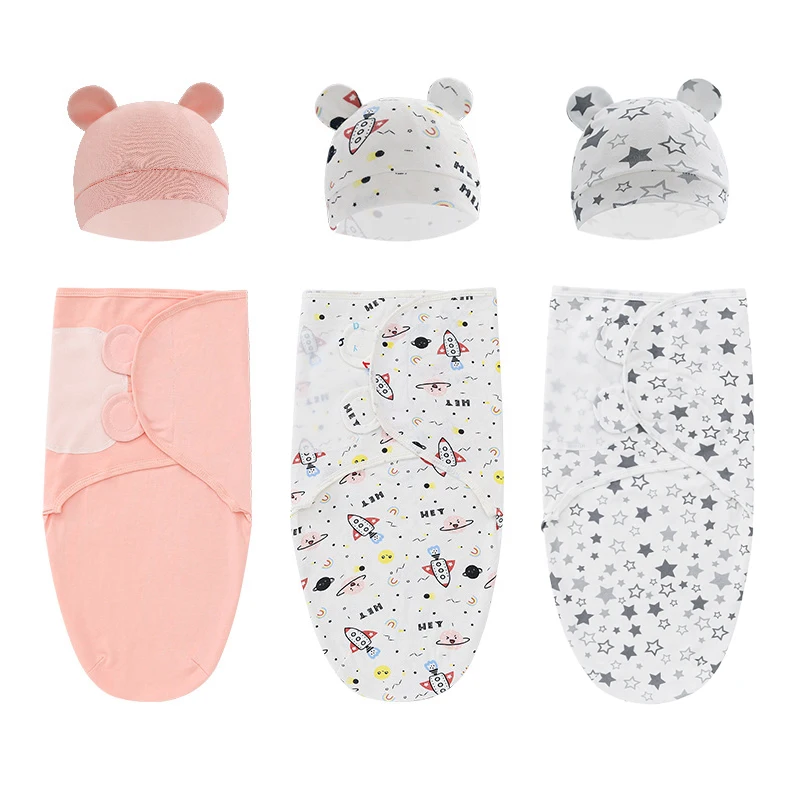 

2pcs/set Cotton Sleepsack Baby Swaddle Blanket Wrap Hat Set Infant Adjustable 0-6 Month Newborn Sleeping Bag Muslin Blankets