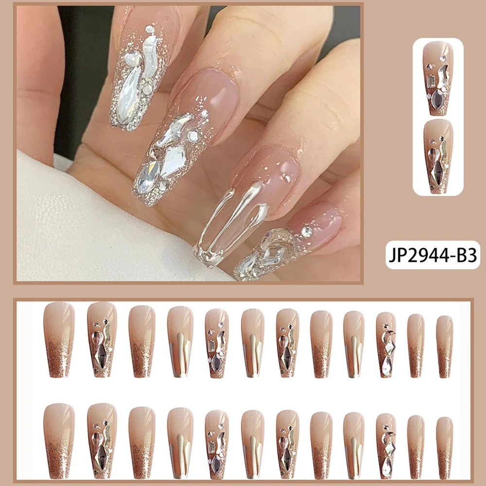 

24PCS Shiny Rhinestones Ballet Nails Sweet Style Super Long Finished Nail Piece Fake Nails with Jelly Gel/Glue RP