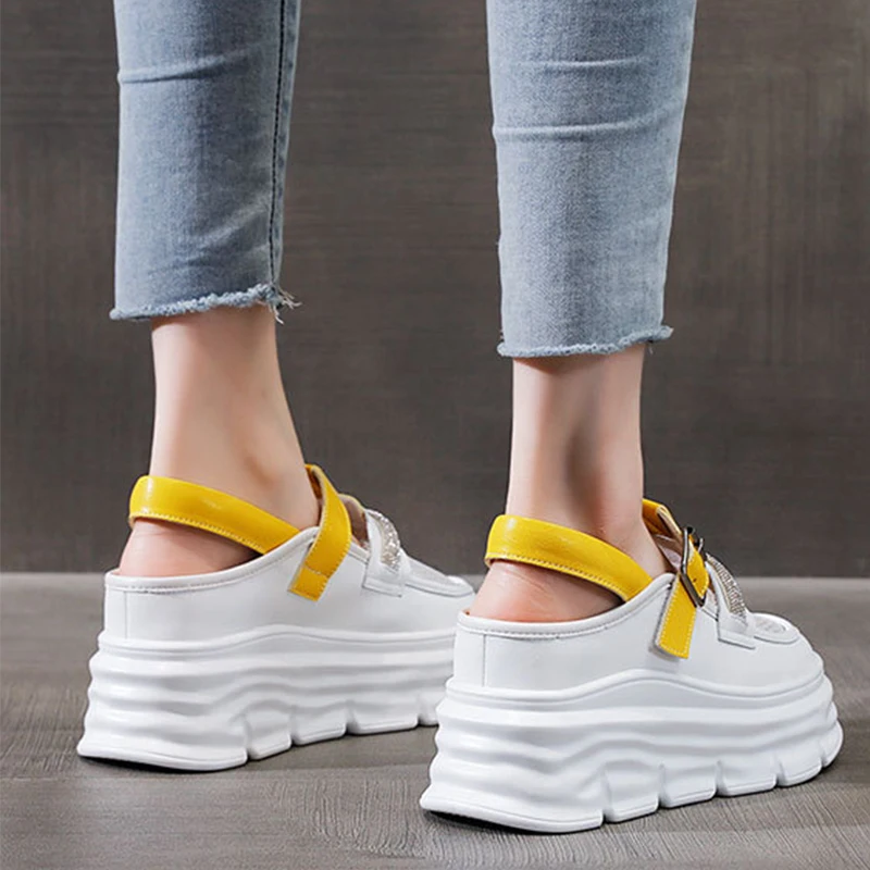 Rhinestones Mesh Hollow Women Sandals breathable Genuine Leather Comfy 2023 Summer Fashion Platform Wedge Chunky Ladies Shoes