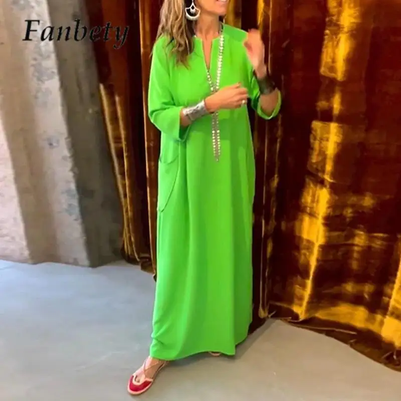 

Casual Ladies Solid Color Print Long Sleeve Robe Dress Spring Summer V Neck Pockets Loose Dress Simple Basic Women Long Dresses