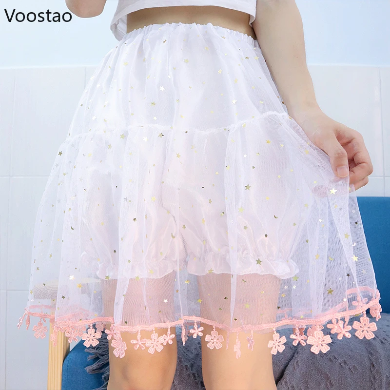 Sweet Lolita Hem Lace Flower Safety Short Pants Petticoat Pumpkin Shorts Skirt Women Chic Mesh Star Sequin JK Uniform Bloomers