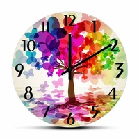 watercolor painting tree made of butterflies minimalist art wall clock colorful rainbow tree nature home decor clock for bedroom