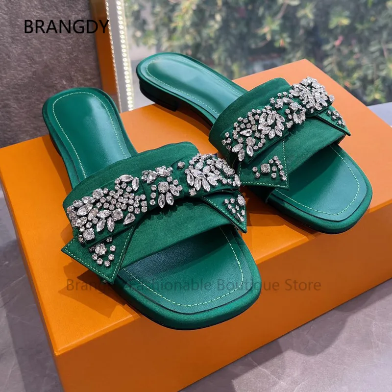 

2022 Bow Slip-on Women Sandalias Open Toe Summer Leather Flower Crystal Slippers Female Outdoor Beach Causal Mules De Las Mujer