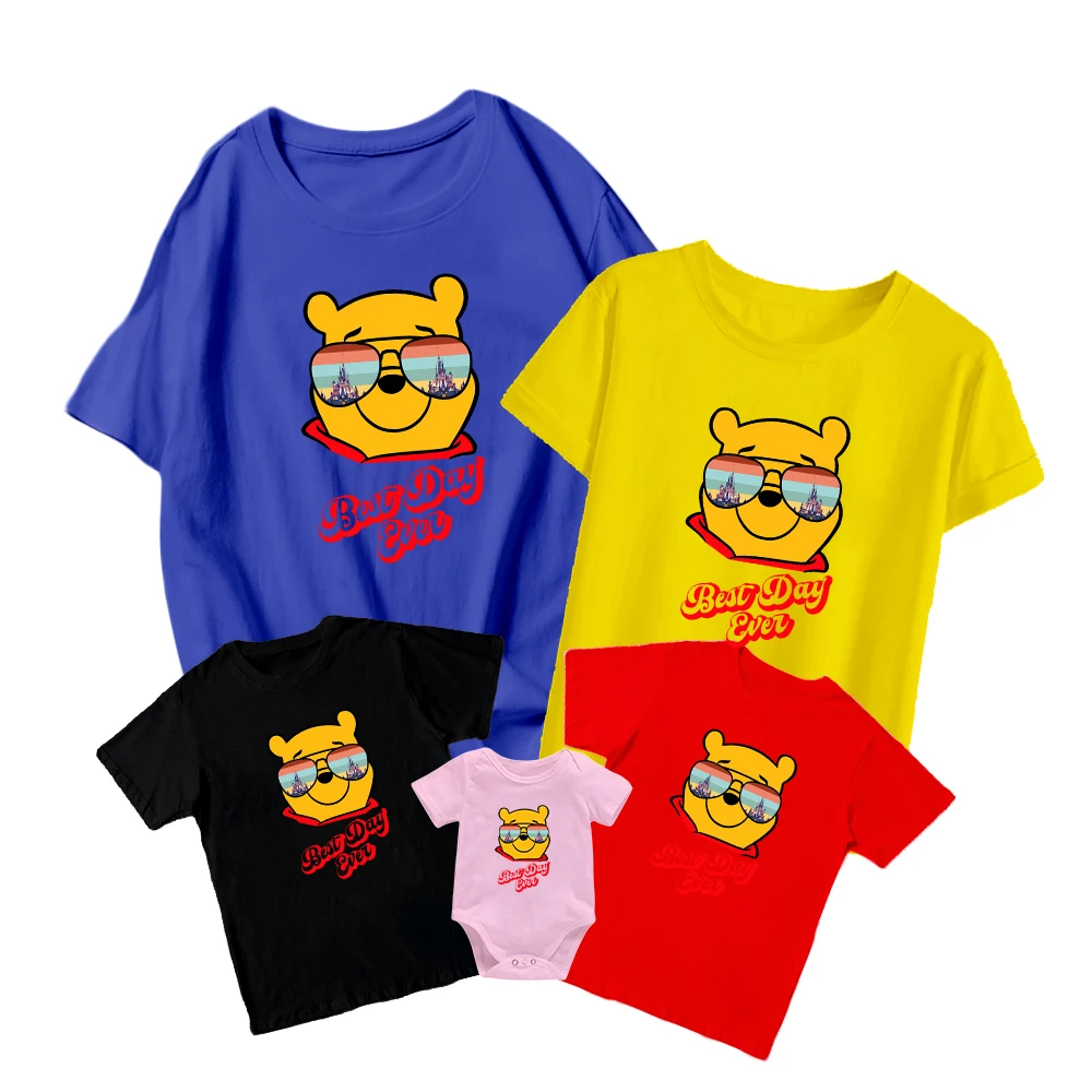 

Cartoon Winnie The Pooh with Sunglasses Disney T-Shirt Cool Family Matching New Kids Short Sleeve Unisex Adult Top Baby Romper