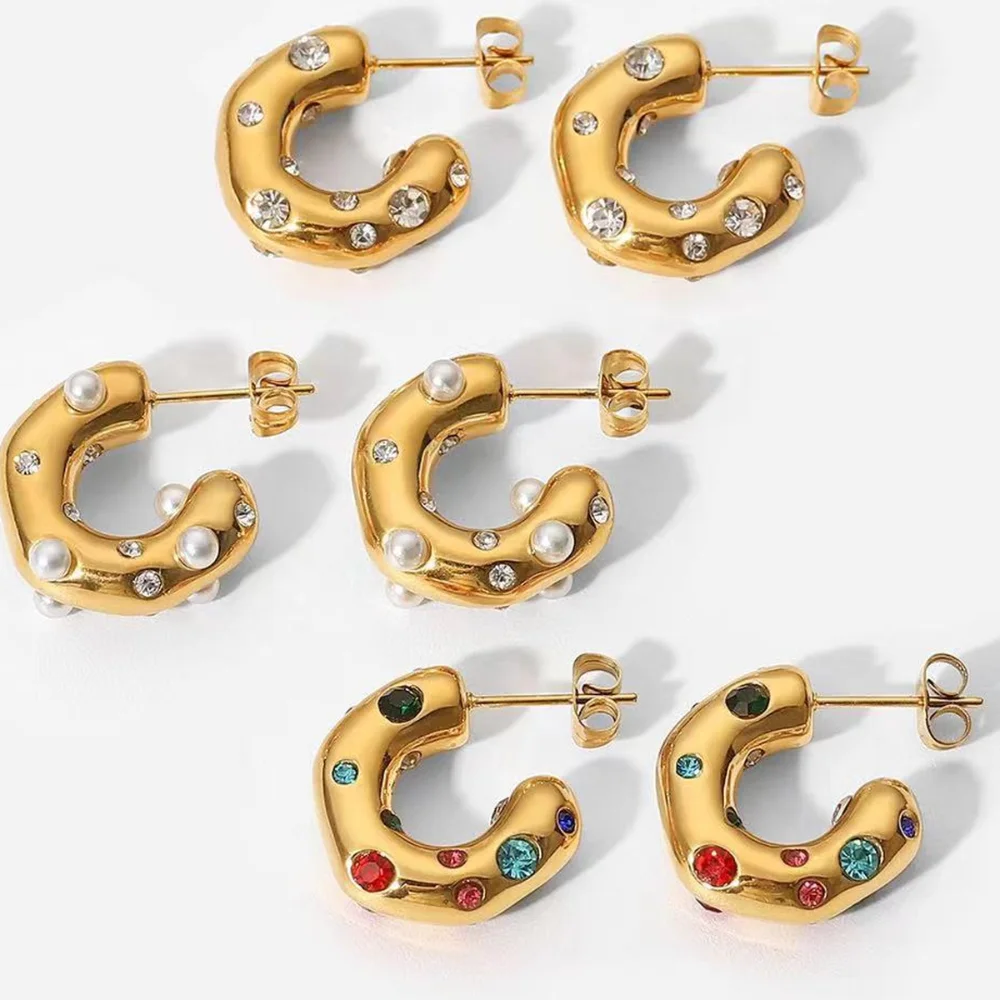 

2023 New Trend Multicolour Cubic Zirconia Chunky Hoop Earrings for Women Retro C Shape Open Stainless Steel Ear Buckle Jewelry