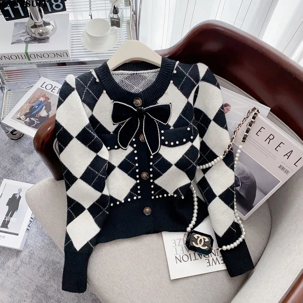 

TPJB Argyle Knitted Thicken Sweater Cardigan Women Winter Bowtie Elegant Vintage Stylish Fashion Coat Jacket Long Sleeve Jumpers