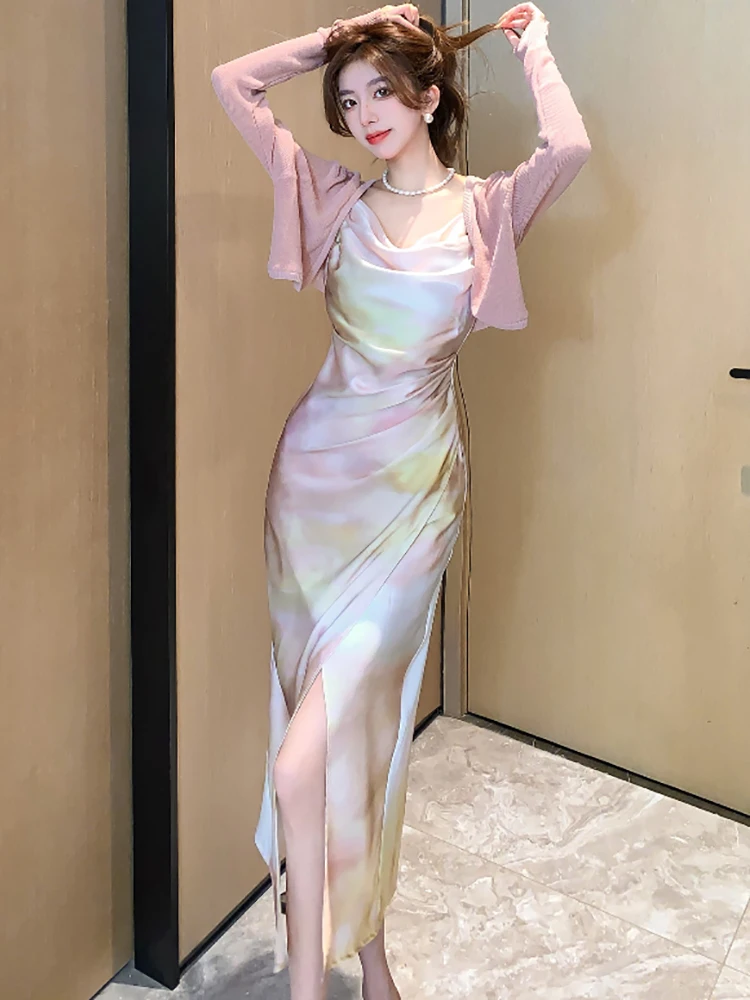 Женский Атласный Костюм-двойка элегантный роскошный костюм в Корейском стиле