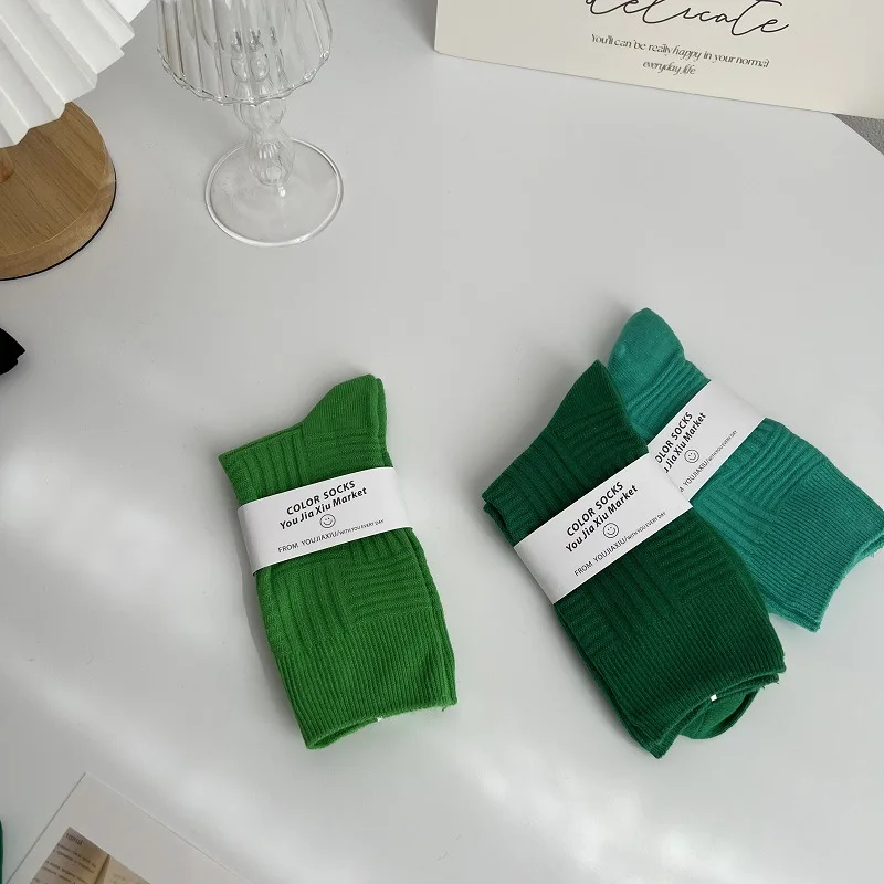 Thick Winter Pattern Knitted Green Crew Socks for Women Cotton Solid Knee High Striped Ankle Socks 5 Pairs/ Lot
