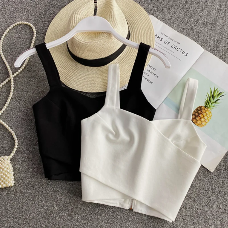 

Zipper Camis Women 2022 New Summer Sexy Black White Cross Short Sleeveless Top Teee Camis For Women