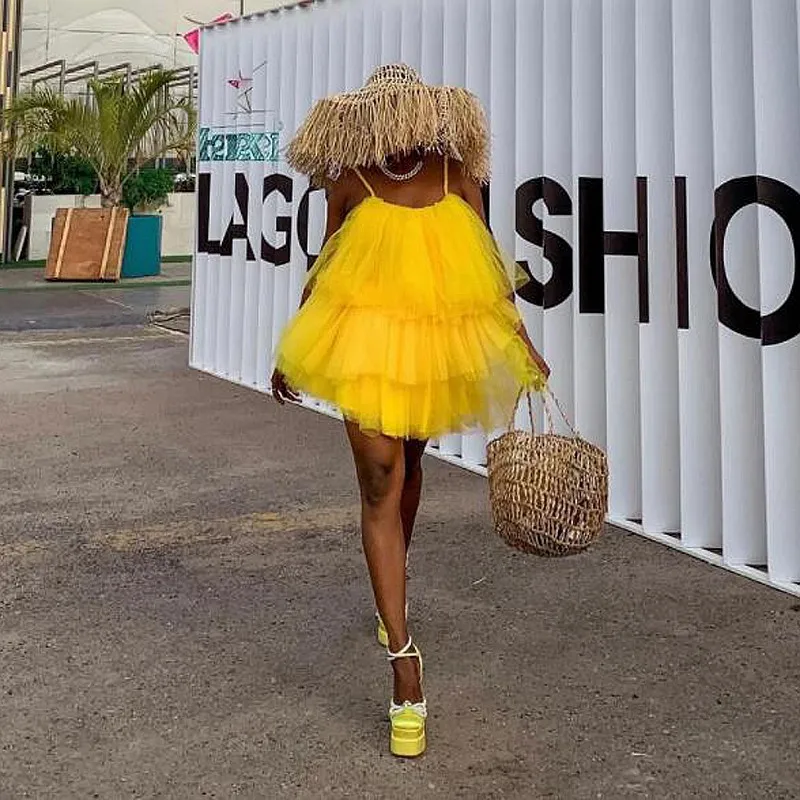 

Yellow Tulle Dresses With Camisole Tiered Mini Length Party Dress For New Year Custom Made