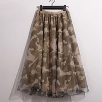 camouflage tulle skirt women elastic high waist mesh skirts long pleated tutu skirt female jupe longue