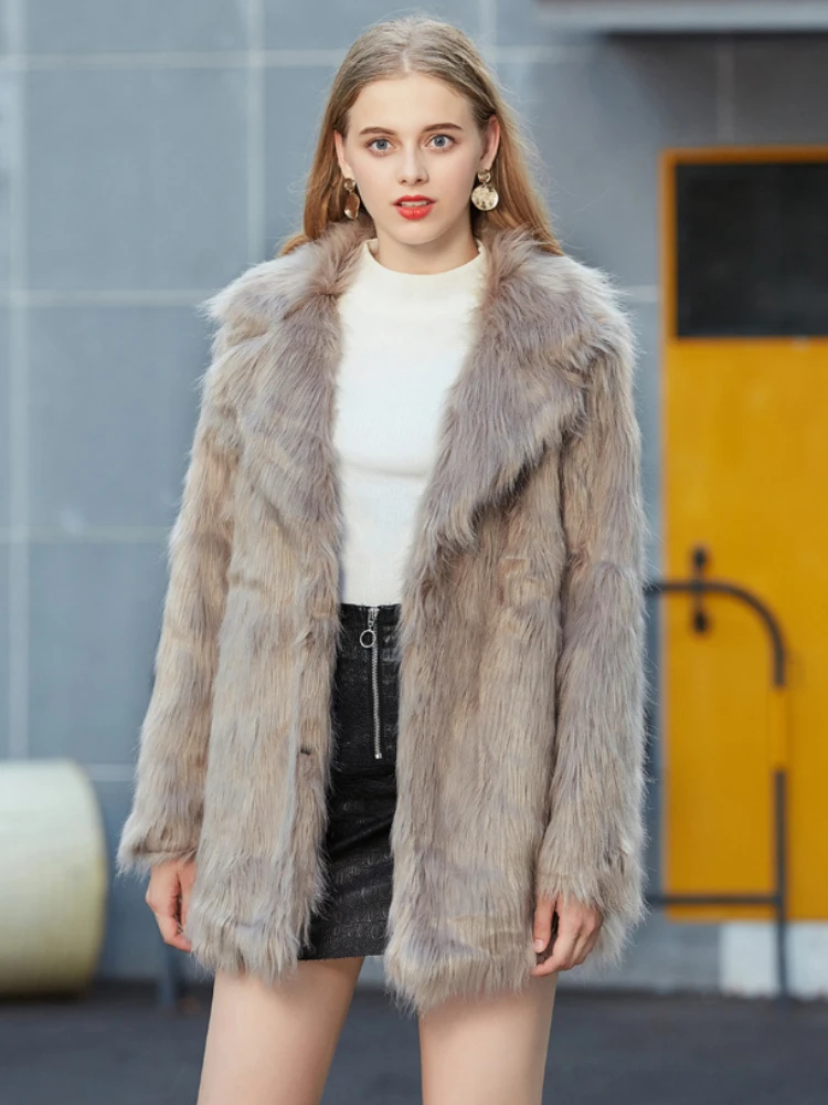 Elegant Ladies Faux Fox Furry Coat Women 2022 Winter Fashion Suit Collar Faux Fur Office Midi Coat Casual High Street Outwear