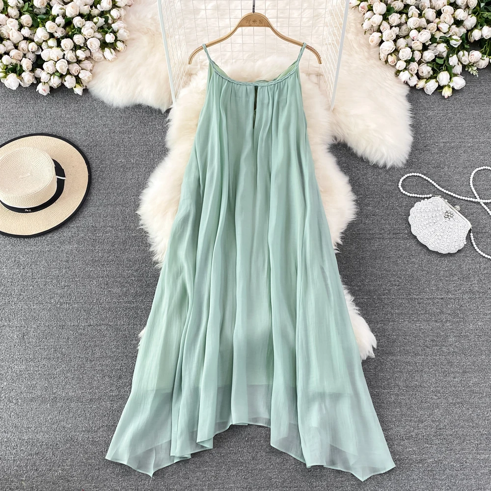 

Korean Summer Boho Spaghetti Strap Women Dress Japanese Sweet Solid Chiffon Female Dresses 2022 New Arrival Beach Vestidos