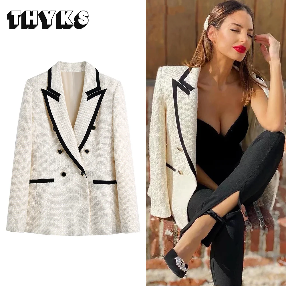 

2023 Women Tweed Blazer Jacket Contrast Piping Coat Vintage Long Sleeve Female Suit Outerwear Chic Veste Femme TRAF Fashion