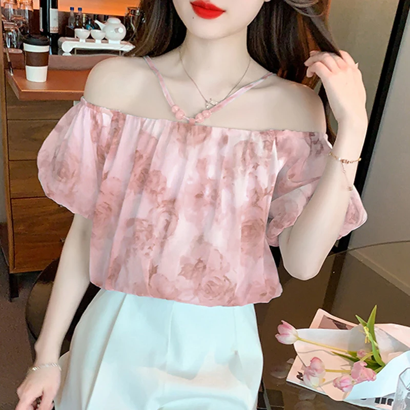 

Sweet Off Shoulder Shirt Women Loose Tops New Elegant Short Sleeve Summer Floral Print Blouse Ladies New Casual Clothes 27415