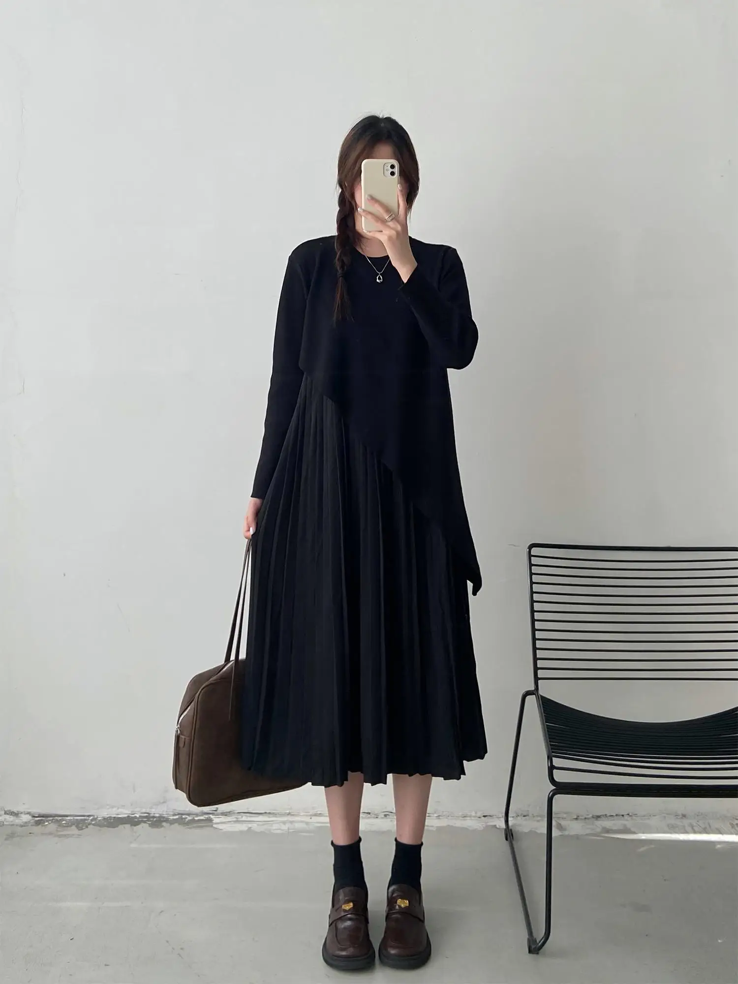 Design Sense Поддельная двухсекционная плиссированная юбка с длинными рукавами