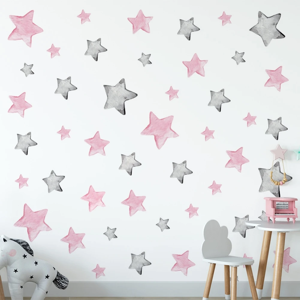 

56 Hand Painted Pink Grey Stars DIY Wall Stickers Removable Vinyl Wall Decals For Kids Room Girls Bedroom Decor Wall Decoration