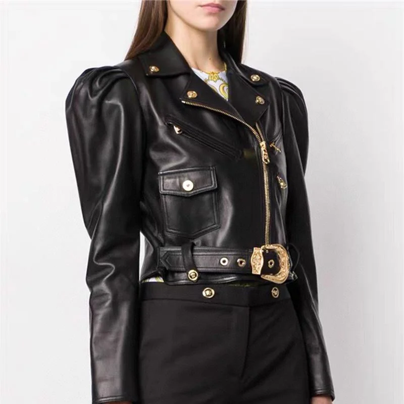 Осенняя Женская куртка из овечьей кожи Cosmicchic 2020 короткое пальто на молнии с