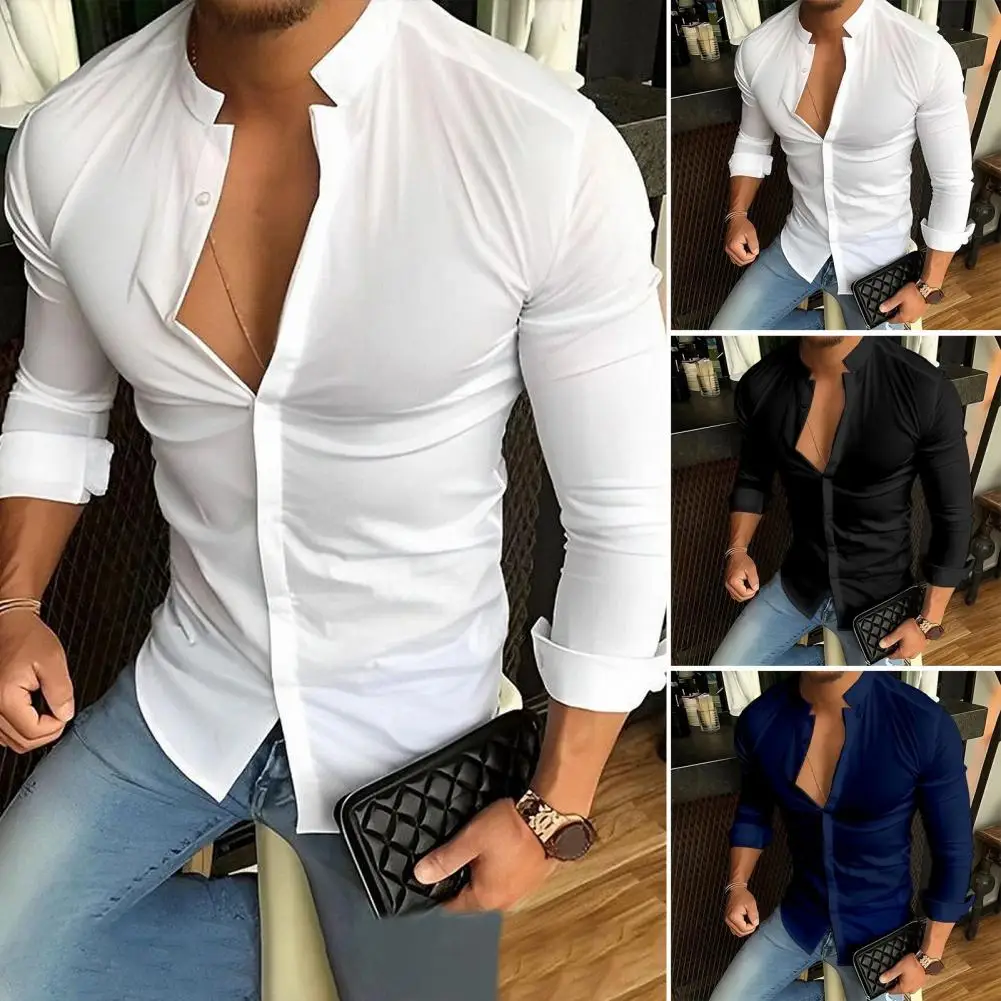 

Однотонная мужская рубашка, стильные мужские однобортные рубашки, облегающая Мягкая дышащая рубашка для повседневной или формальной деловой офисной одежды