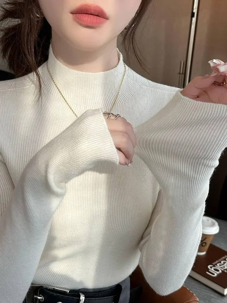 Корейский Свитер С Высоким Воротом 2024 Женские Модные Эластичные Вязаные