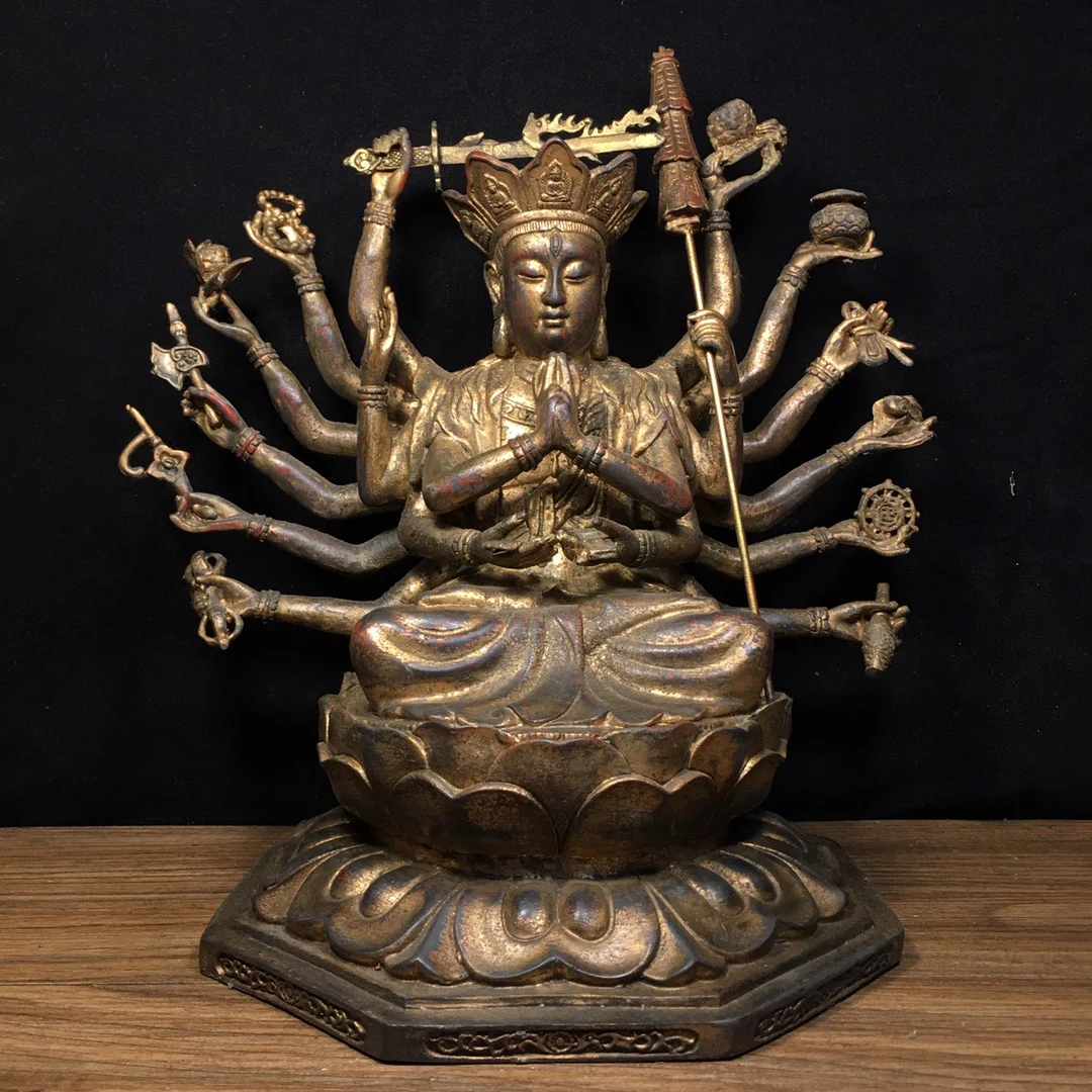 

12"Tibet Temple Collection Old Bronze Cinnabar Mud gold Cundhi Bodhisattva Sitting Buddha 1000 Arm Guanyin Worship Hall