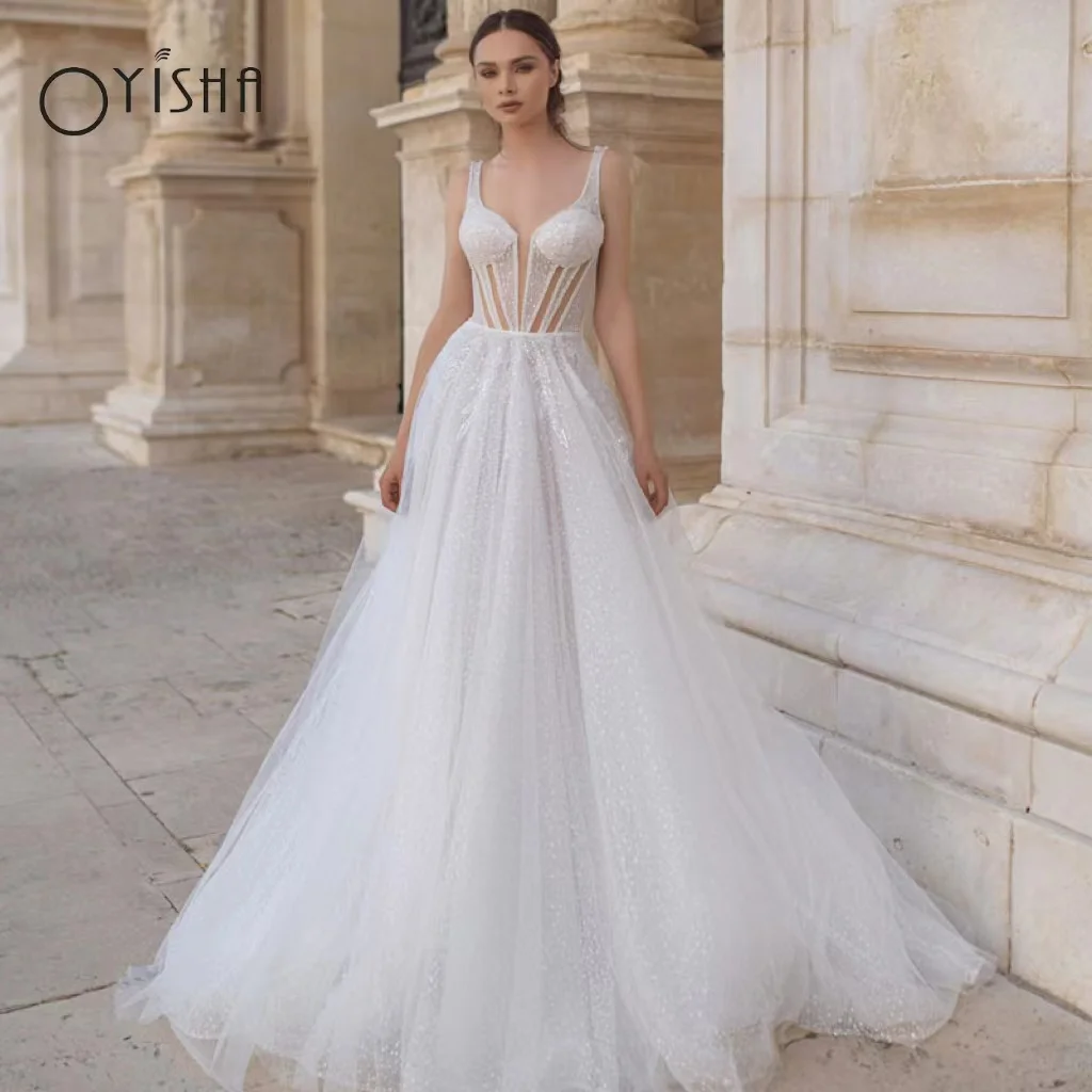 

OYISHA Vestido De Noiva Shiny Wedding Dresses For Women 2023 Boho A Line Glitter Tulle Bridal Gowns Sleeveless Robe De Mariée