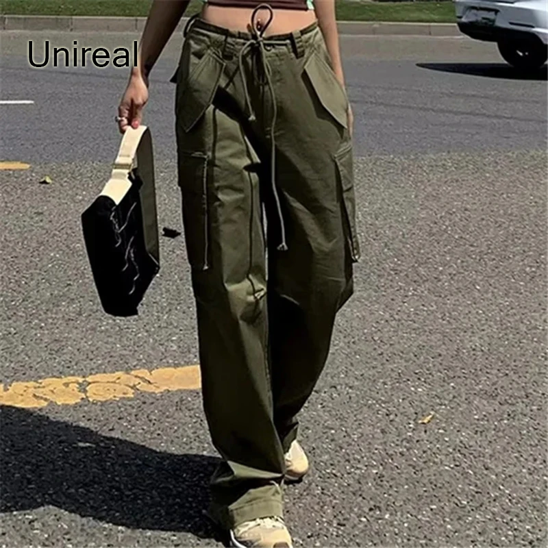 

Женские брюки-карго Unireal Y2k, однотонные зеленые винтажные повседневные Прямые брюки с высокой талией и карманами в уличном стиле, весна-осень 2022