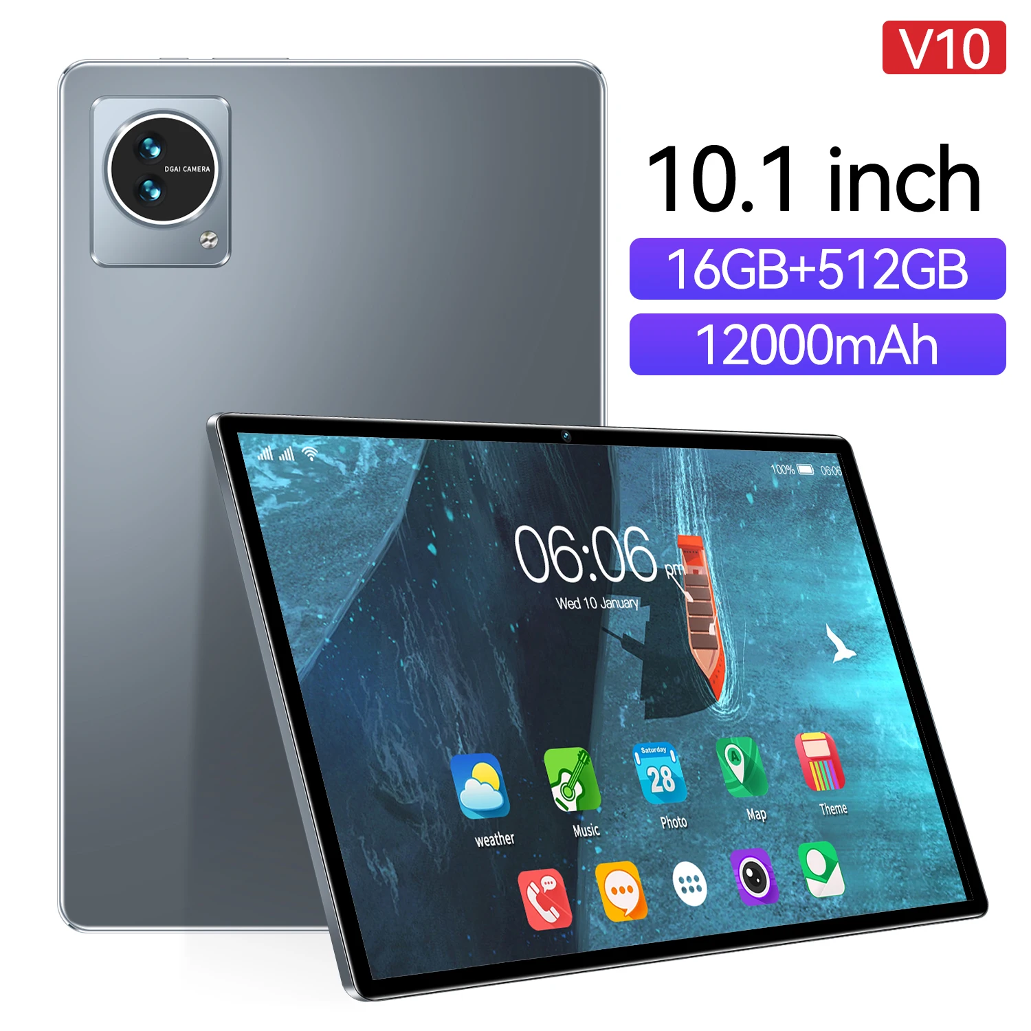 

V10 Tablet PC schermo HD da 10.1 pollici Android 12 RAM-16G/ROM-512G 16MP + 24MP GPS + FM + BT supporto tastiera doppia scheda 1