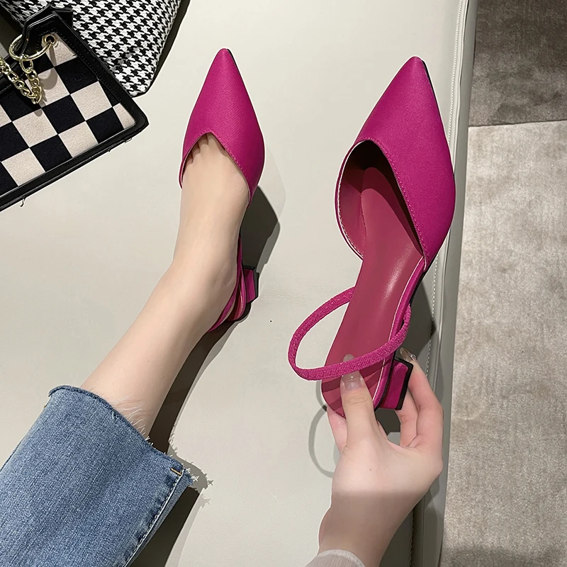 Large size New Summer Women High Heels Pointed Toe Shallow Sandals Shoes Low Heel Back Strappy Shoes Women Pumps Zapatos Mujer