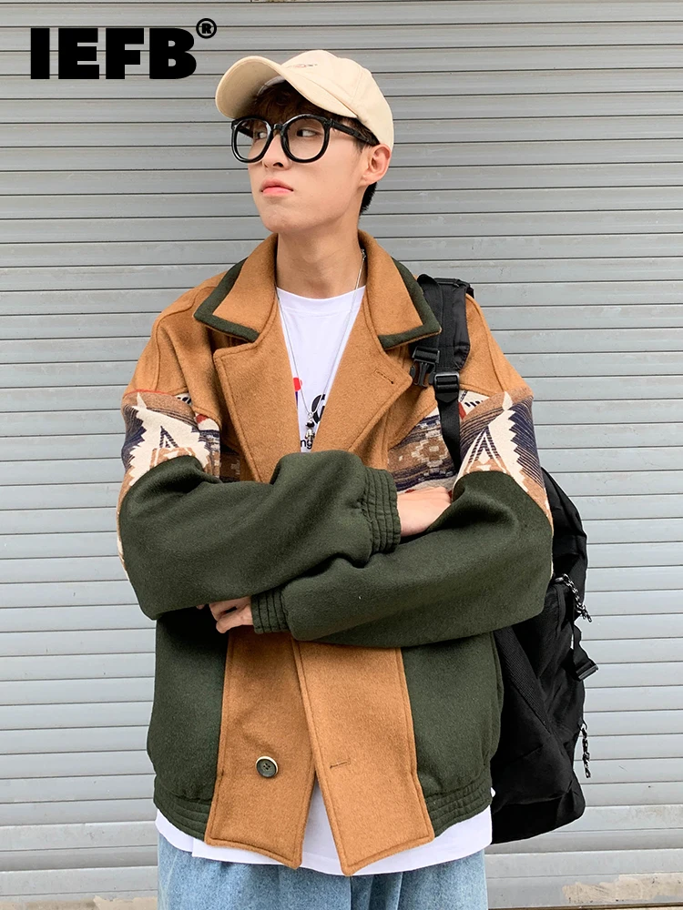 

IEFB Autumn Winter American Printed Splice Short Woolen Coat 2023 New Korean Fashion Casual Contrast Color Male Tops 9A5671