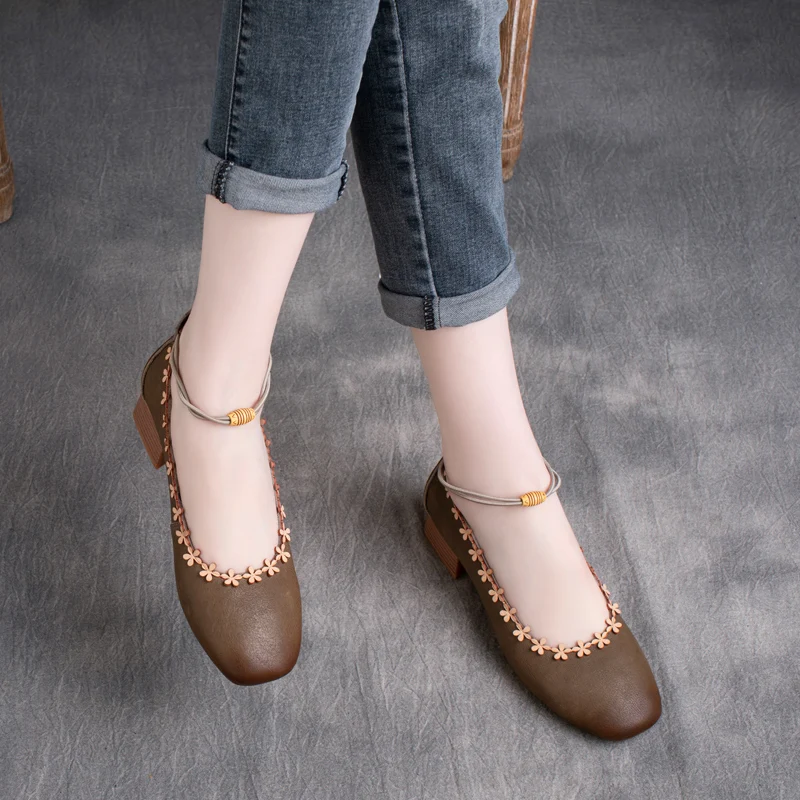 

Mary Jane Leather Shoes Women Genuine Leather Pumps Women Handmade Retro Ankle Strap Girls High Heel Brand Shoe For Women Flower