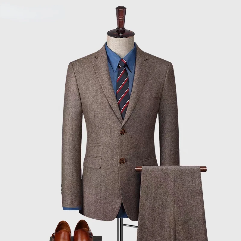 

New (Blazer+ Pants) Men's Fashion Business Wedding Wool Thick Gentleman Slim Italian Style Casual Groom Dance Host 2-piece Set