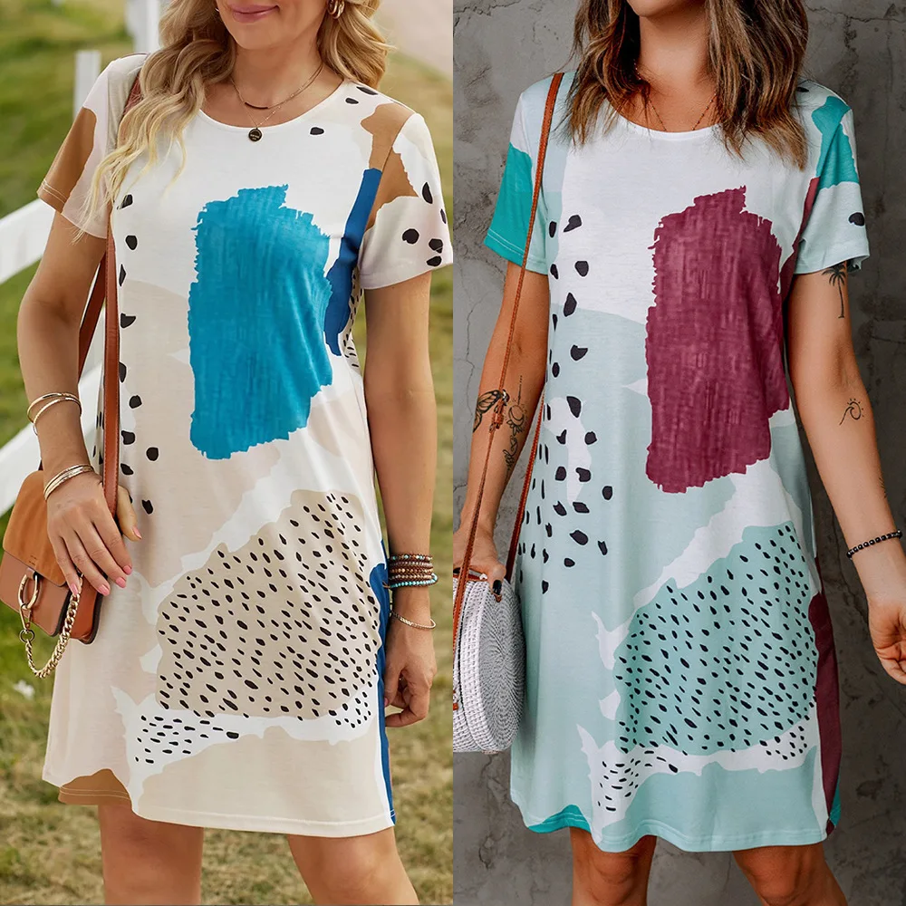 

2023 Summer New Fashion Print Round Neck Short Sleeve Loose Short Dress Casual Streetwear T-shirt Dress