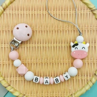 custom english russian letters name baby silicone cows pacifier clips chains teether pendants baby pacifier kawaii teether gifts