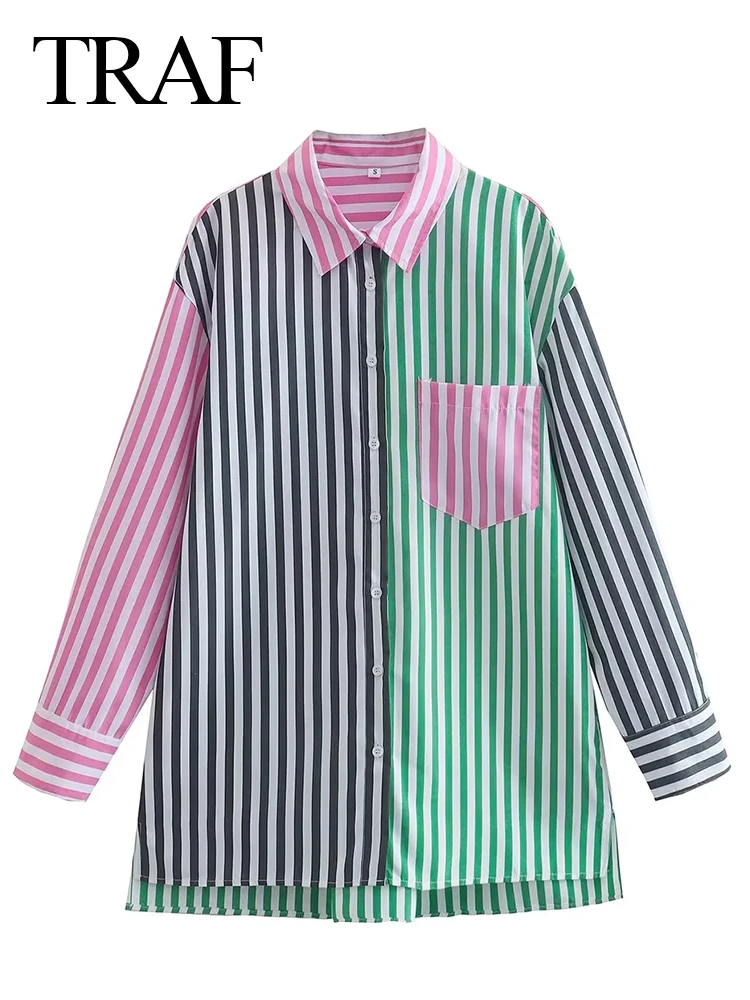 

Женская Асимметричная рубашка в полоску, с карманами