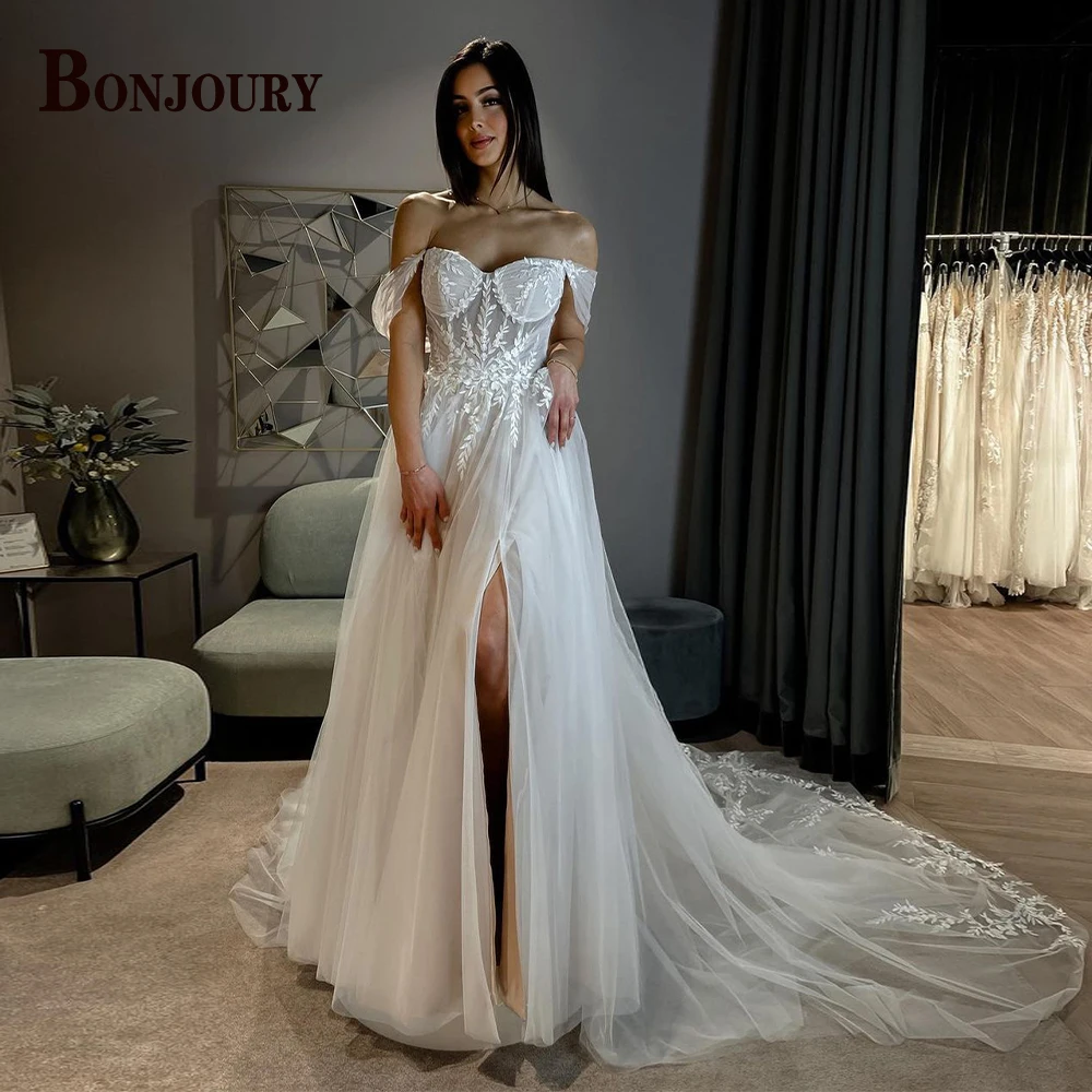 

Красивые свадебные платья BONJOURY с разрезом для женщин, модель 2024 года, свадебные платья-трапеции для невесты, сделанные на заказ