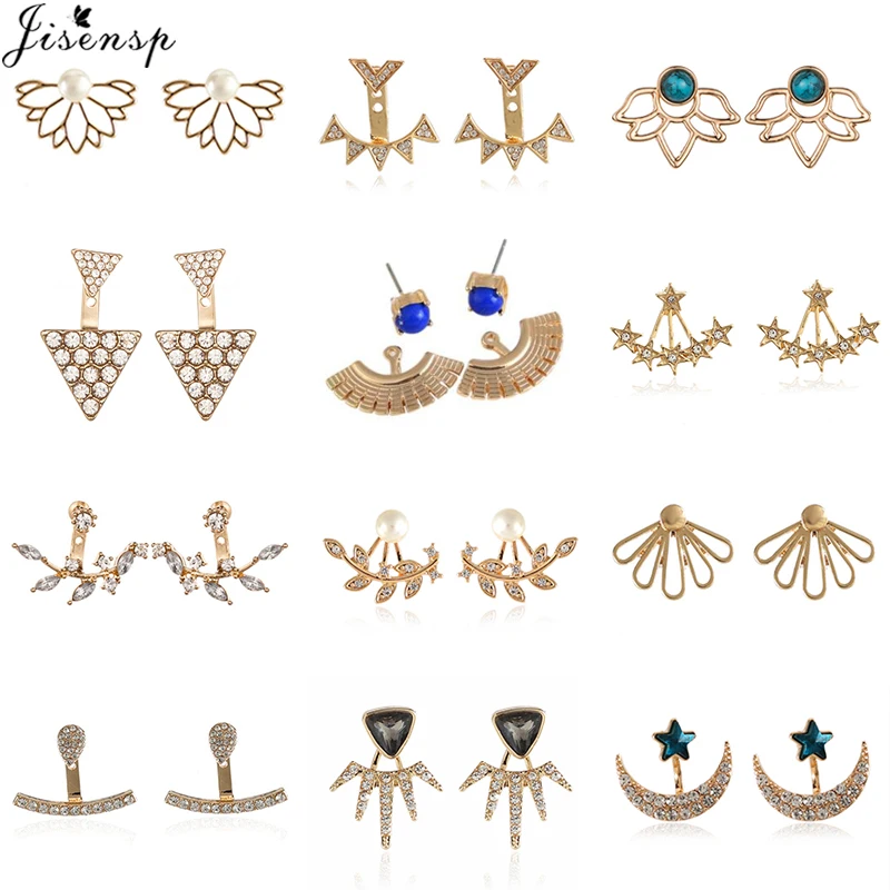 

Jisensp Vintage Fashion Leaf Ear Jackets Earrings for Women Crystal Front Back Double Sided Stud Earring Piercing Jewelry Bijoux