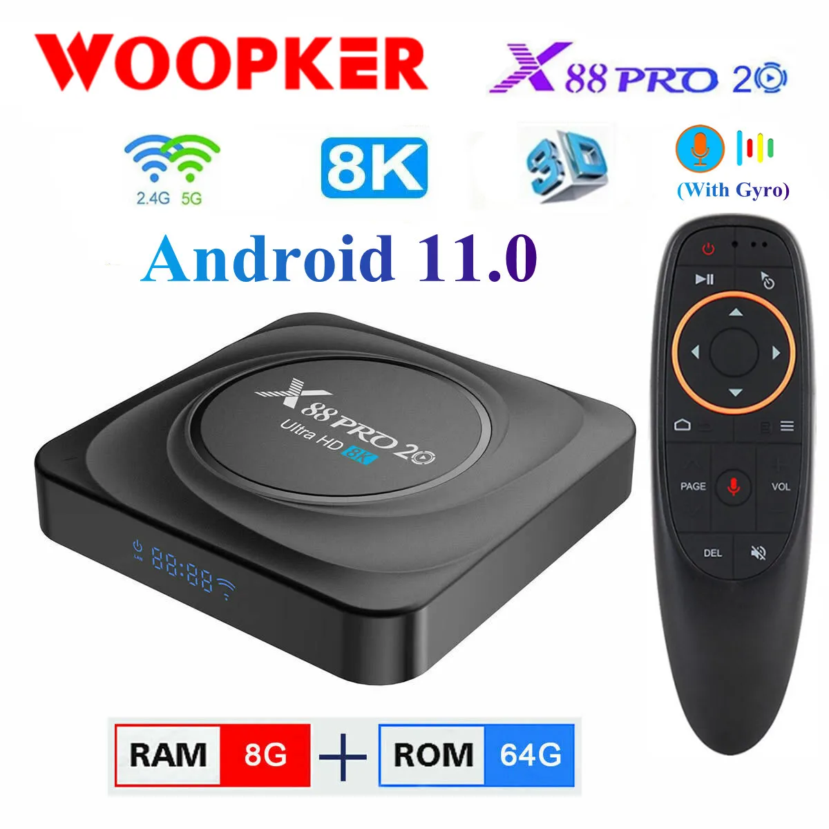 

ТВ-приставка X88 Pro 20 на Android 11, Rockchip RK3566 8 ГБ ОЗУ 128 Гб ПЗУ, Смарт ТВ-приставка 8K 2,4G 5,8G WIFI Google, голосовое управление, ТВ-приставка
