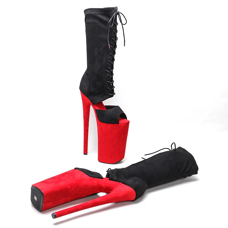 Leecabe  26CM/10inches black with red suede upper  sexy exotic High Heel platform party open toe  shoes Pole Dance boot