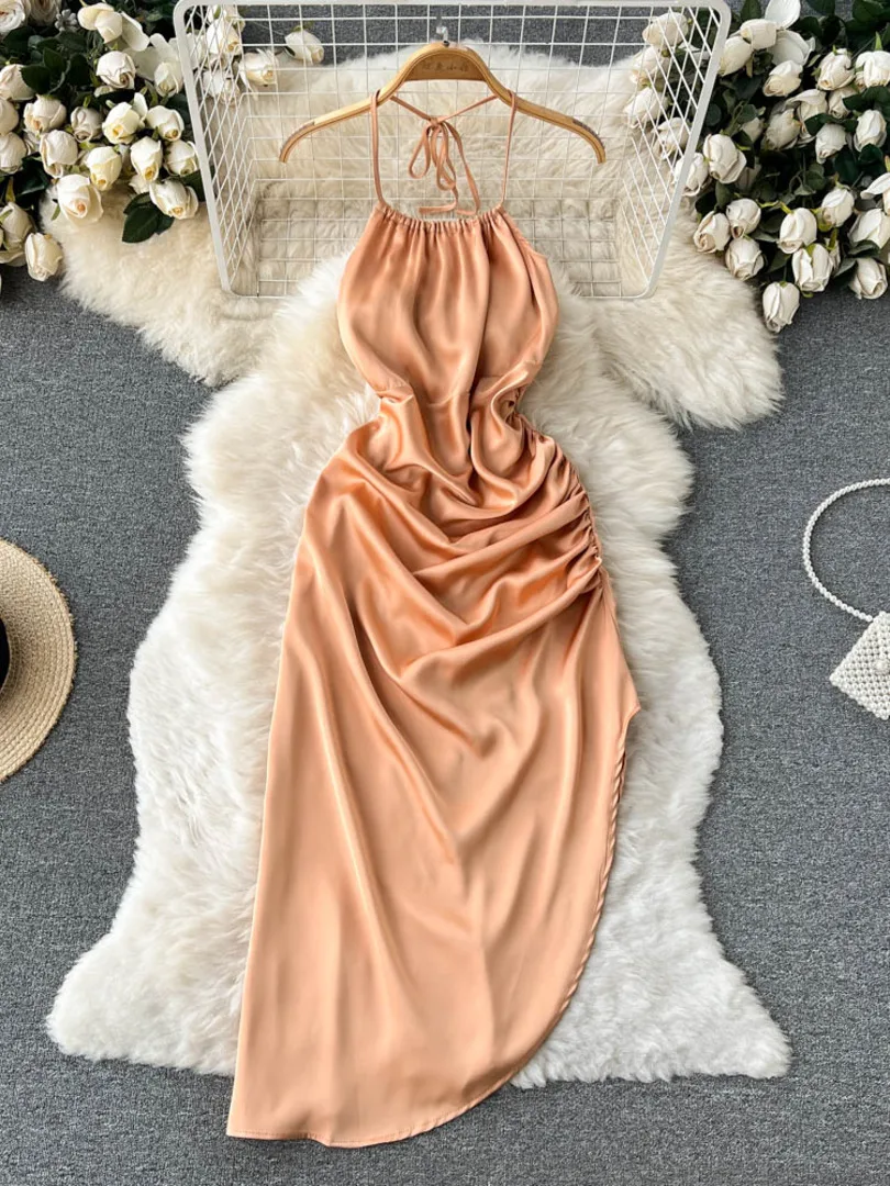 

2022 Summer Women Dress Sexy Lace-up Halter Neck Sleeveless Backless Satin Dress Elegant Folds Irregular Holiday Party Dresses